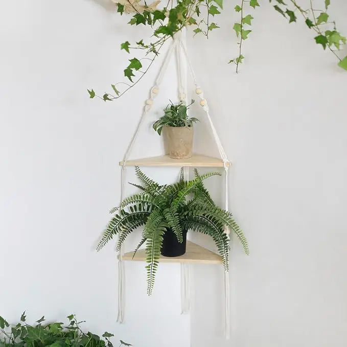 Rustic Boho Corner Shelf - Stylish Macrame Storage by Rooted Living