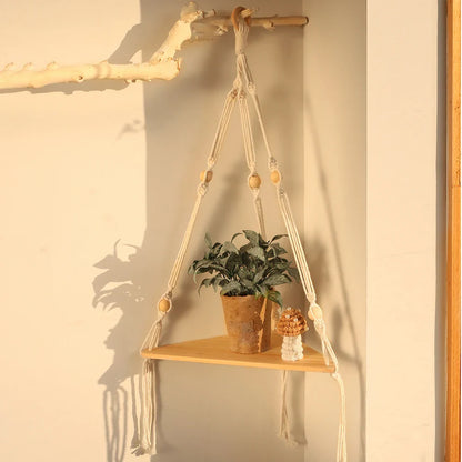 Rustic Boho Corner Shelf - Stylish Macrame Storage by Rooted Living