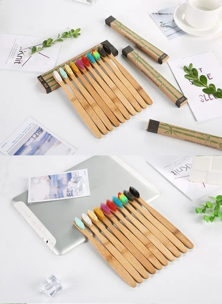 Eco-Friendly Bamboo Toothbrush Set - 10 Pack for Adults