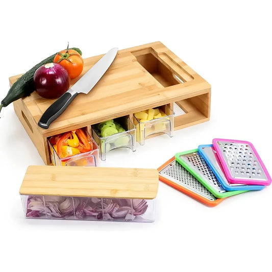 Bamboo Chopping Board Set with Grater & Storage – Eco-Friendly Kitchen Tool for Home Cooks