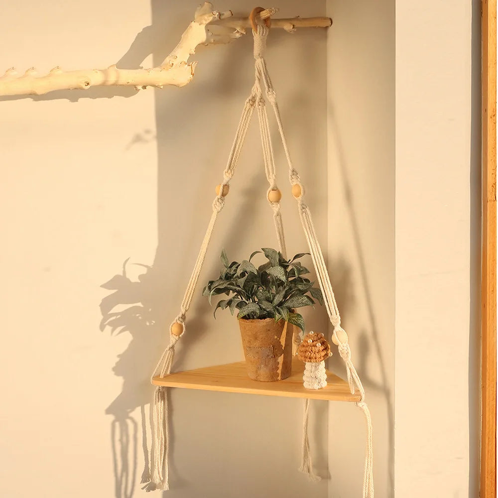Rustic Boho Corner Shelf - Stylish Macrame Storage by Rooted Living