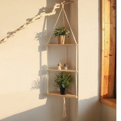Rustic Boho Corner Shelf - Stylish Macrame Storage by Rooted Living