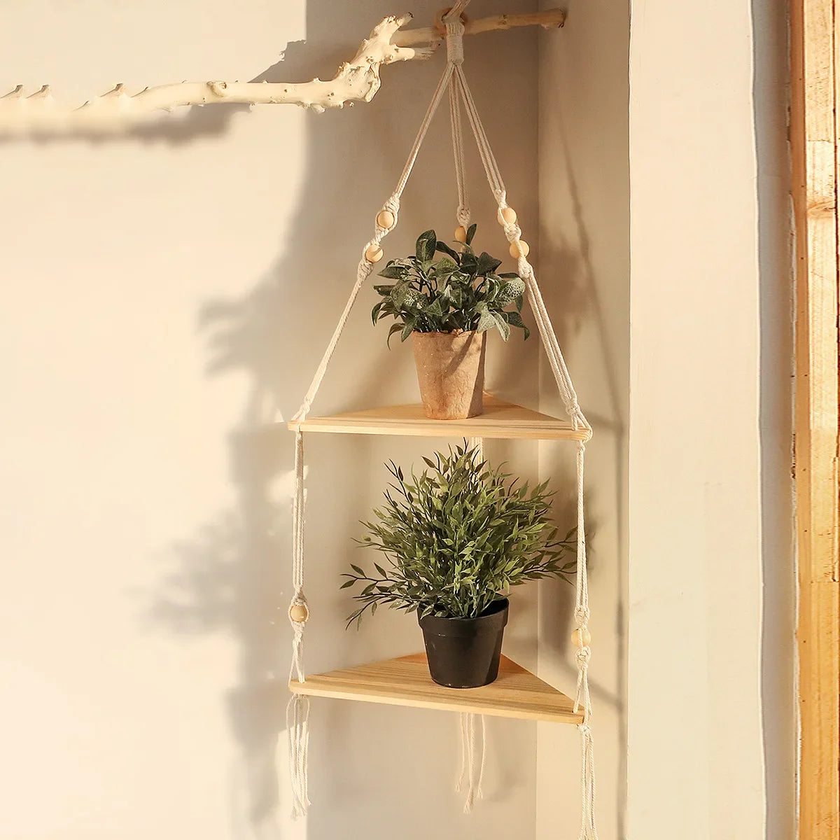 Rustic Boho Corner Shelf - Stylish Macrame Storage by Rooted Living